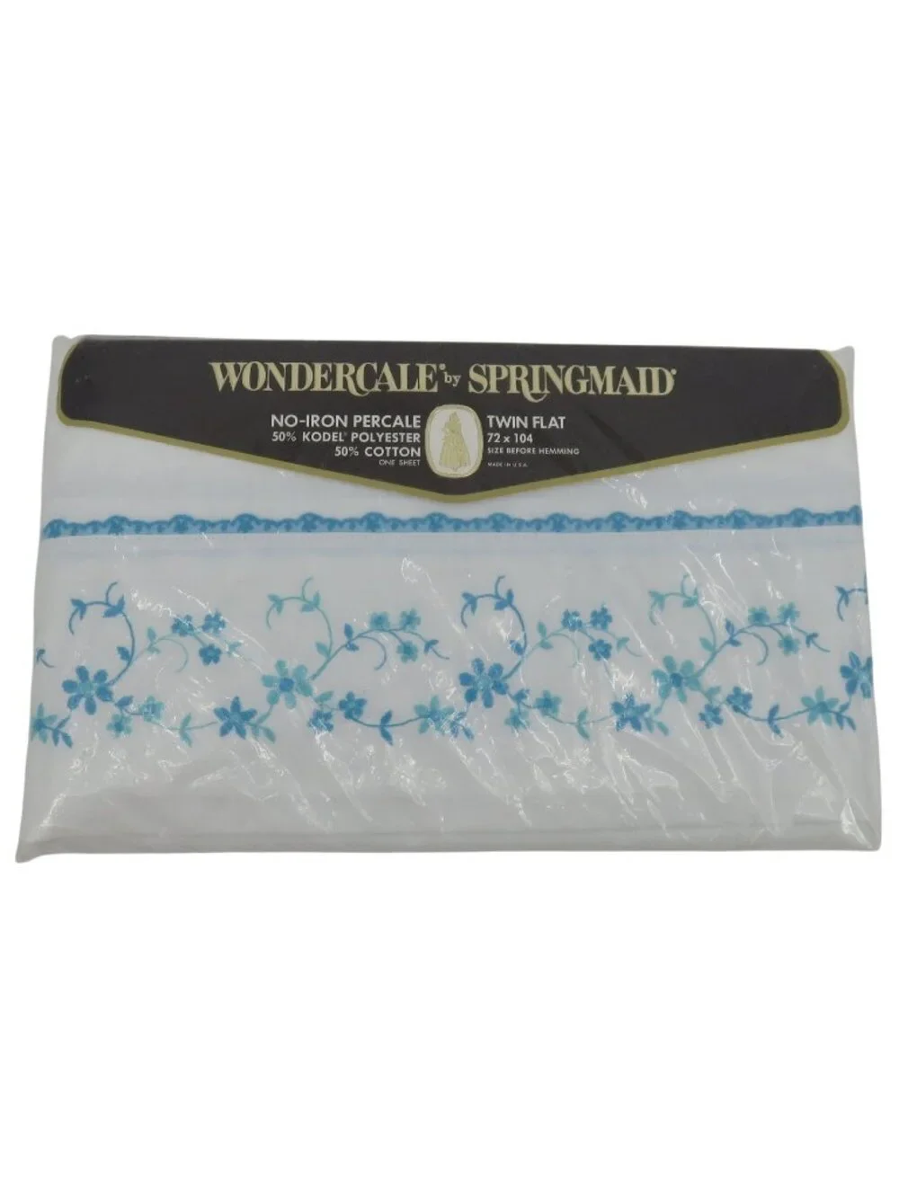 NEW Springmaid Wondercale TWIN Flat Sheet White Blue Embroidered Floral Flower